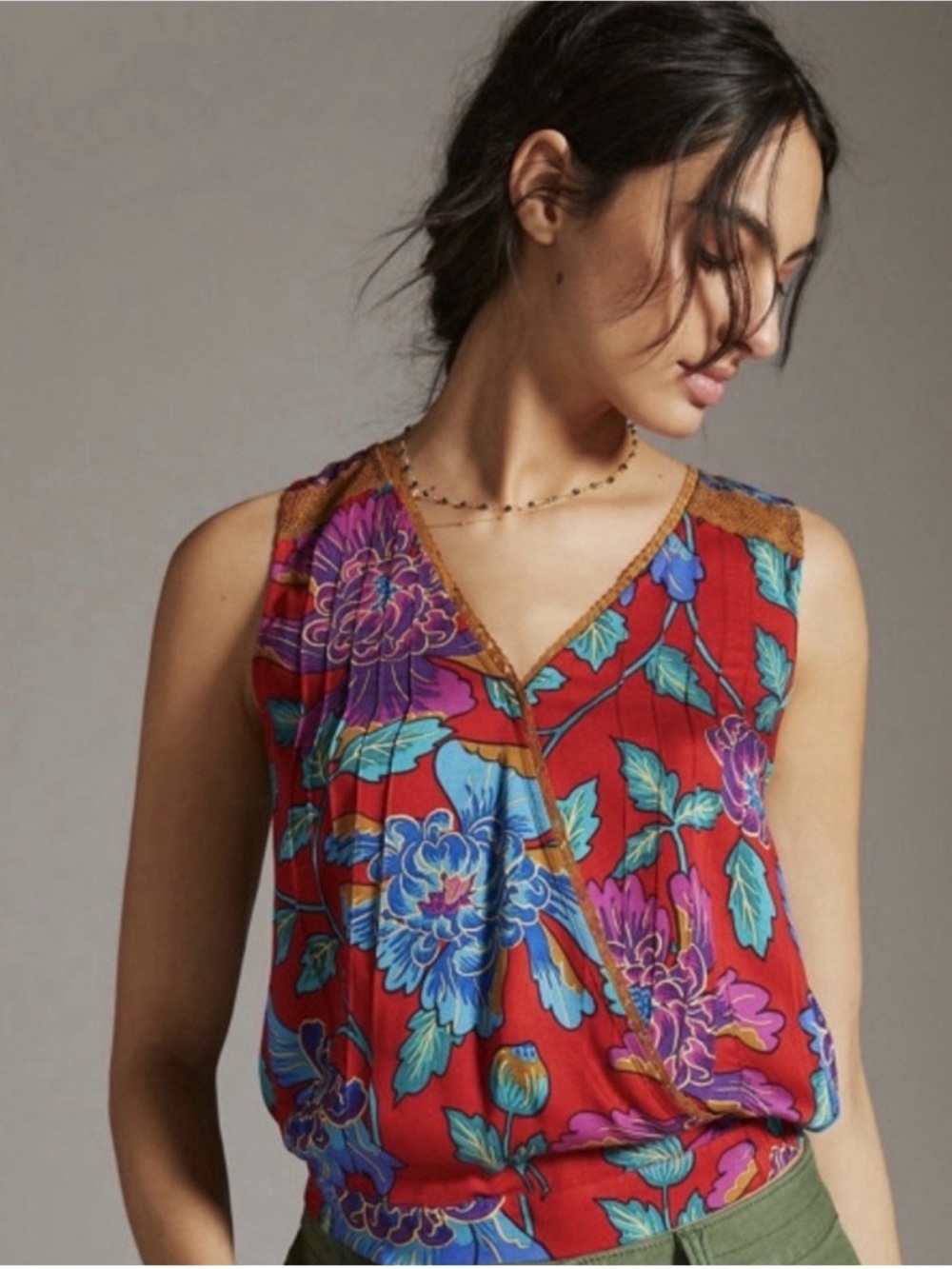 Anthropologie Tiny Floral Red Sleeveless Wrap Tank